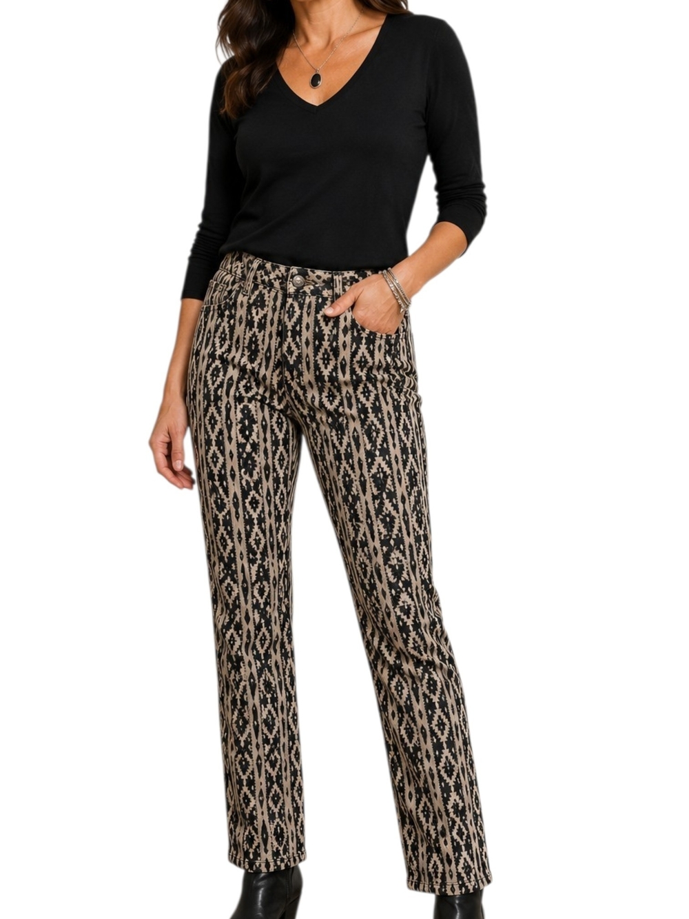 DG² by Diane Gilman Printed Stretch Pants 14P Black Beige Aztec Southwestern